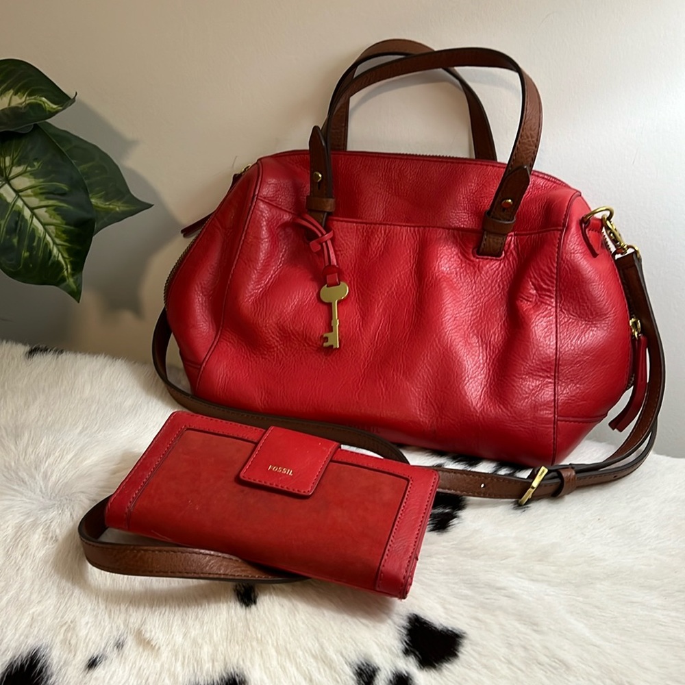 Red & Brown Fossil Satchel and Matching Wallet